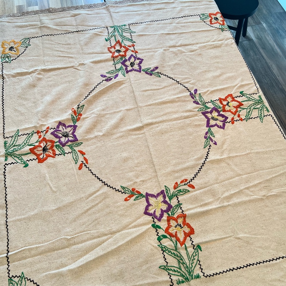 Vintage Cross Stitch Embroidered Square Tablecloth Floral Design Handmade 48x56”